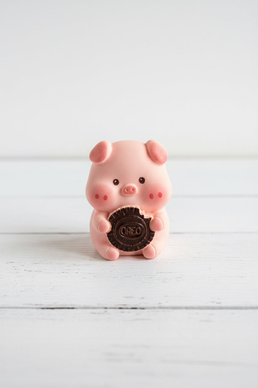 Pink pig figurine sitting on a chocolate cupcake craft embellishment - Kingyscrafts