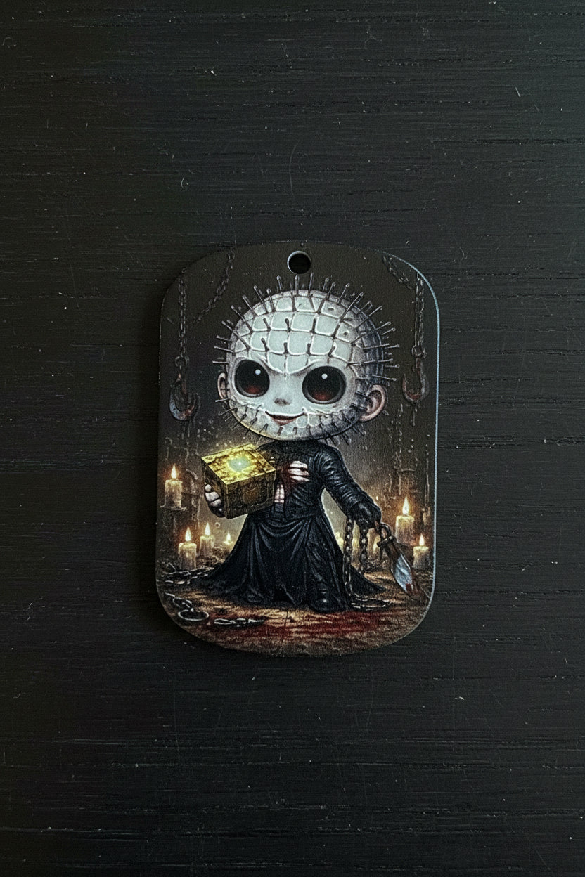 Horror craft tag featuring Pinhead character holding puzzle box Halloween design - Kingyscrafts