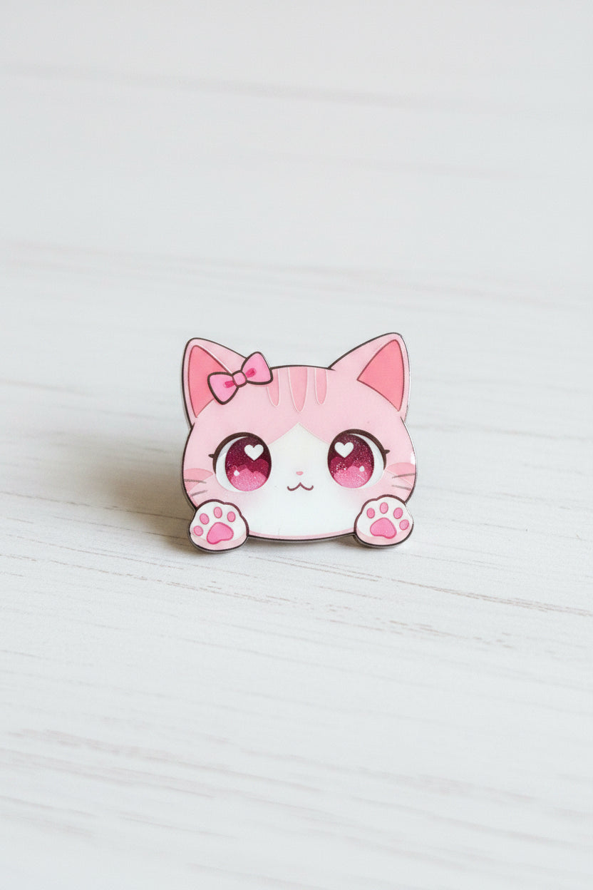 Cute acrylic kawaii cat bead with bow, heart eyes, and pink paws, for jewellery making and craft projects
