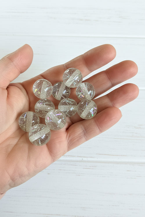 16mm clear resin beads with silver foil interior, rainbow light reflection effect, pack of 5