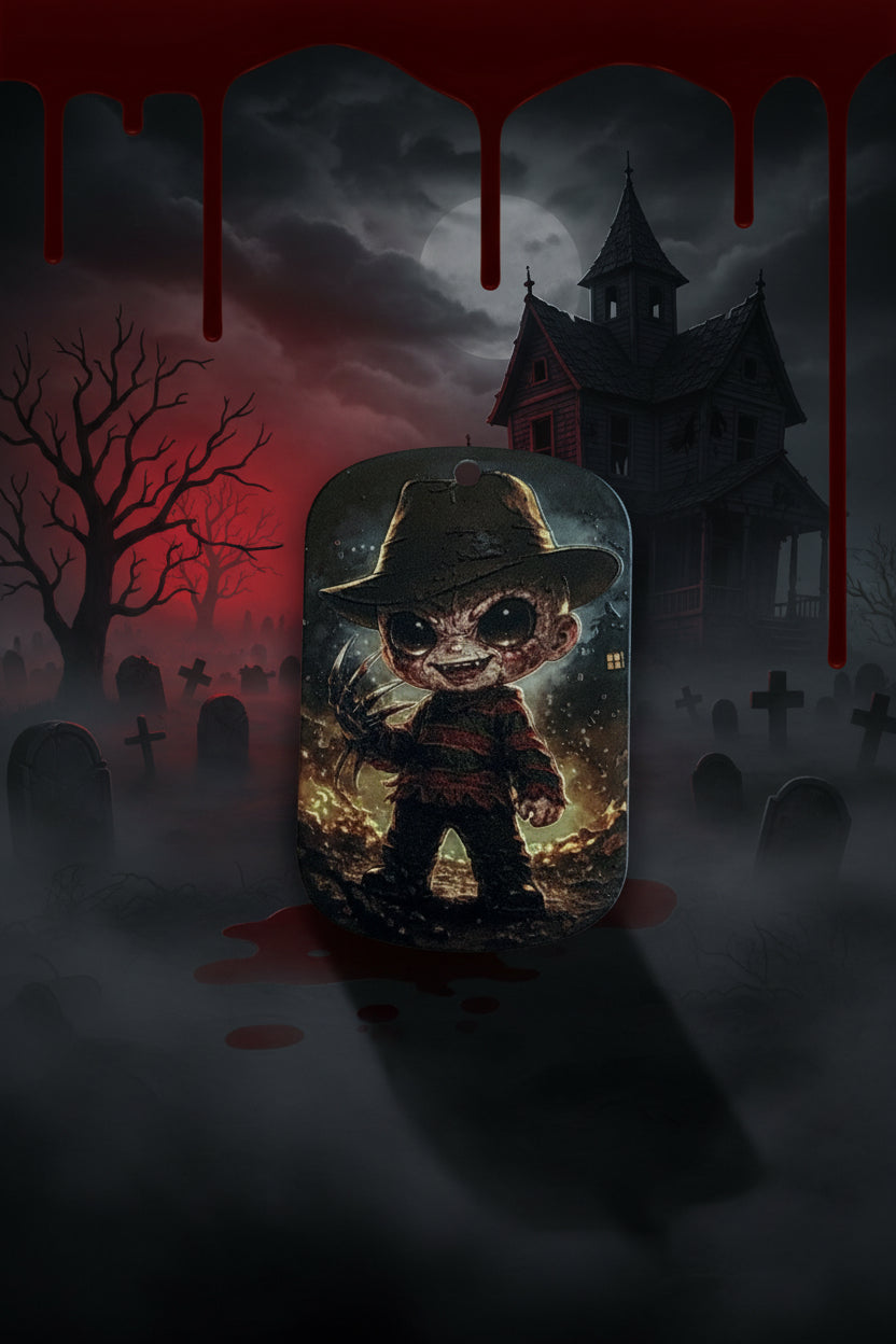 Horror craft tag featuring Freddy Krueger character with graveyard and blood drip Halloween design - Kingyscrafts