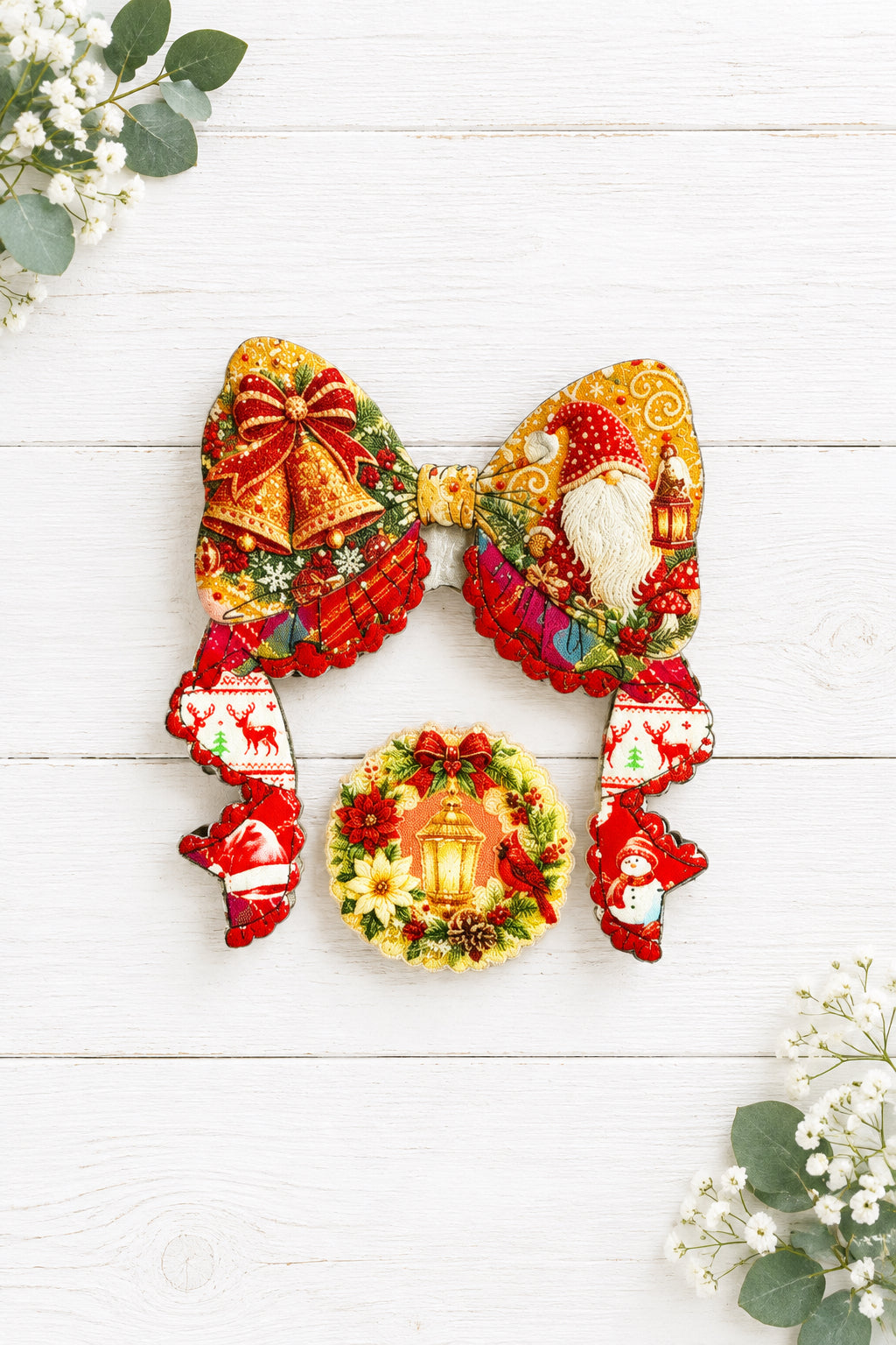 Traditional acrylic Christmas bow set with a festive design.