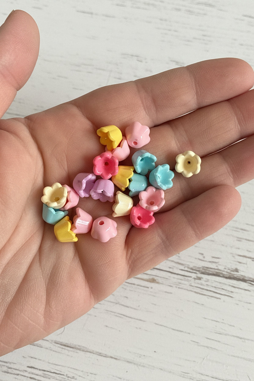 Small acrylic candy coloured bell flower beads in vibrant mix, pack of 20

