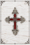 Large gothic cross pendant with red panels, ornate silver-coloured scrollwork and a central pentagram.