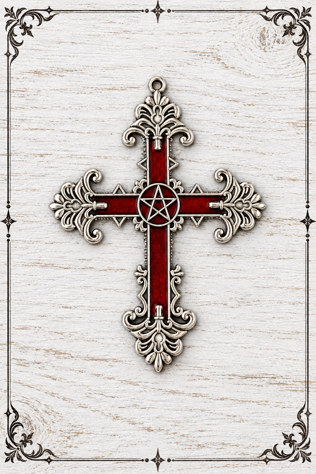 Large gothic cross pendant with red panels, ornate silver-coloured scrollwork and a central pentagram.