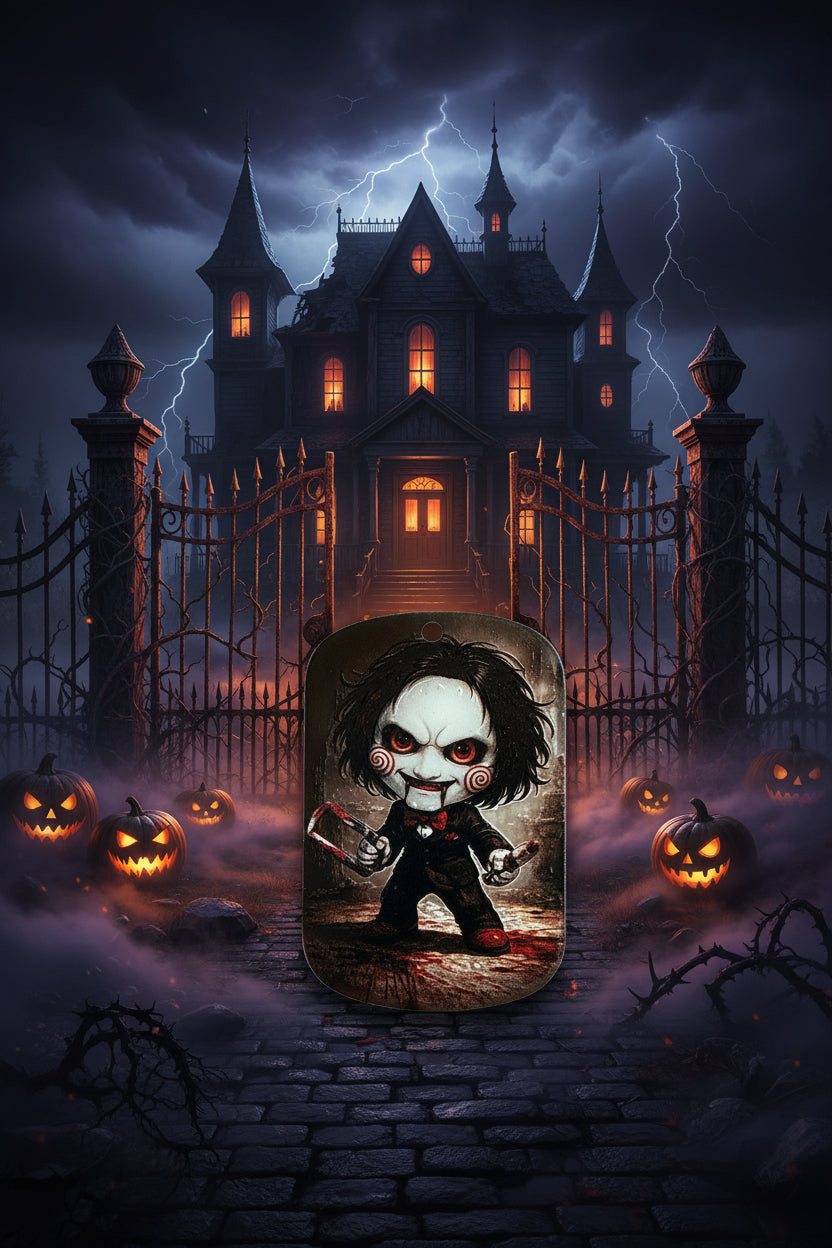 Horror craft tag featuring Jigsaw character with haunted house and pumpkins Halloween design - Kingyscrafts