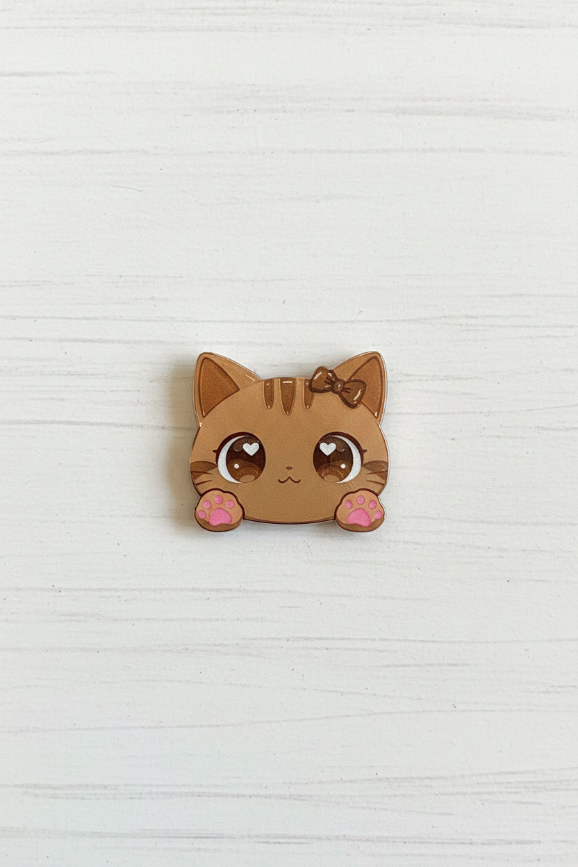 Cute acrylic kawaii cat bead with bow, heart eyes, and pink paws, for jewellery making and craft projects