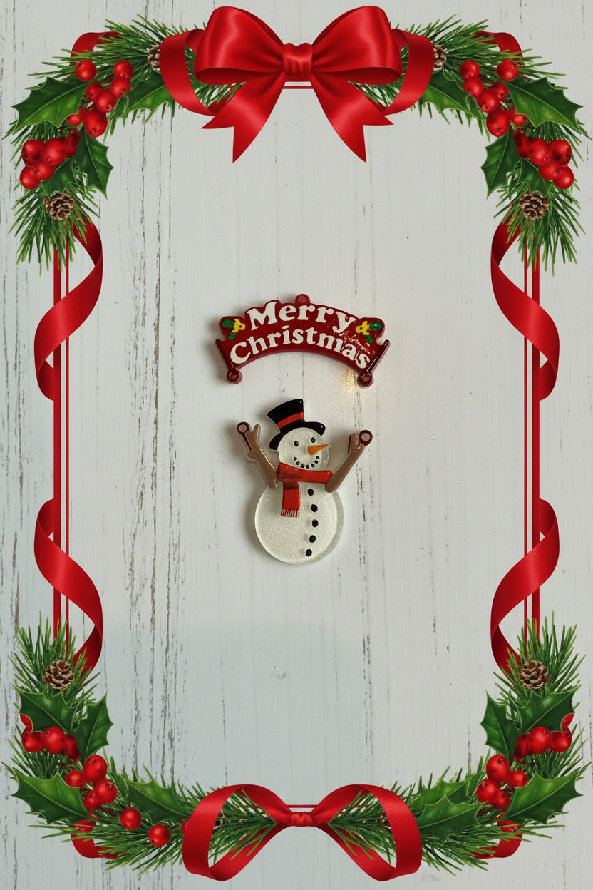Acrylic Merry Christmas and snowman pendant set showing a colourful snowman charm with red scarf and top hat holding a Merry Christmas sign, on a white wood background with festive holly border