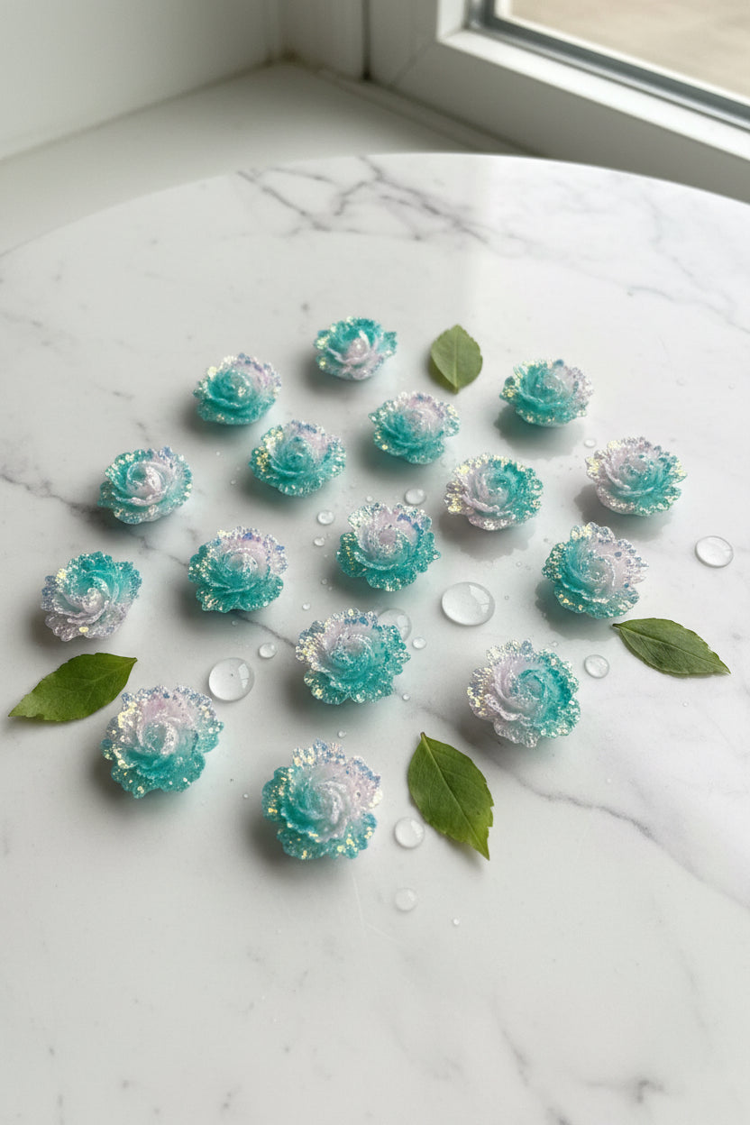 20mm soft teal iridescent glitter rose flower beads pack of 10 on marble with green leaves for jewellery making - Kingyscrafts