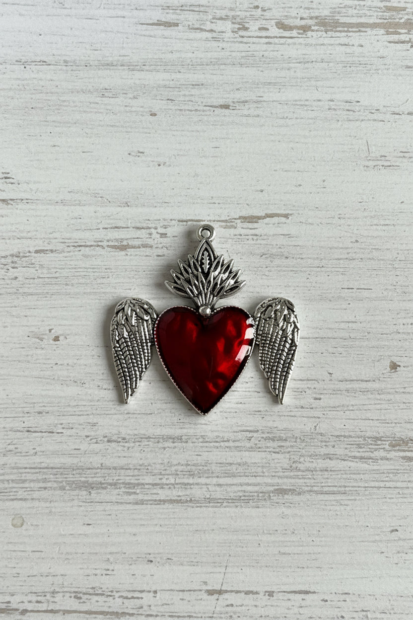Red Gothic Heart and Angel Wings Metal Pendant - sold individually