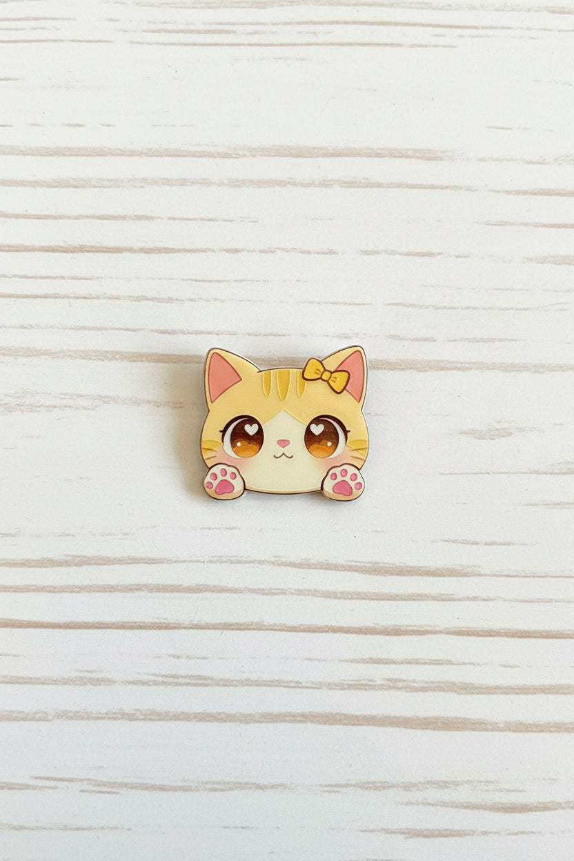 Cute acrylic kawaii cat bead with bow, heart eyes, and pink paws, for jewellery making and craft projects