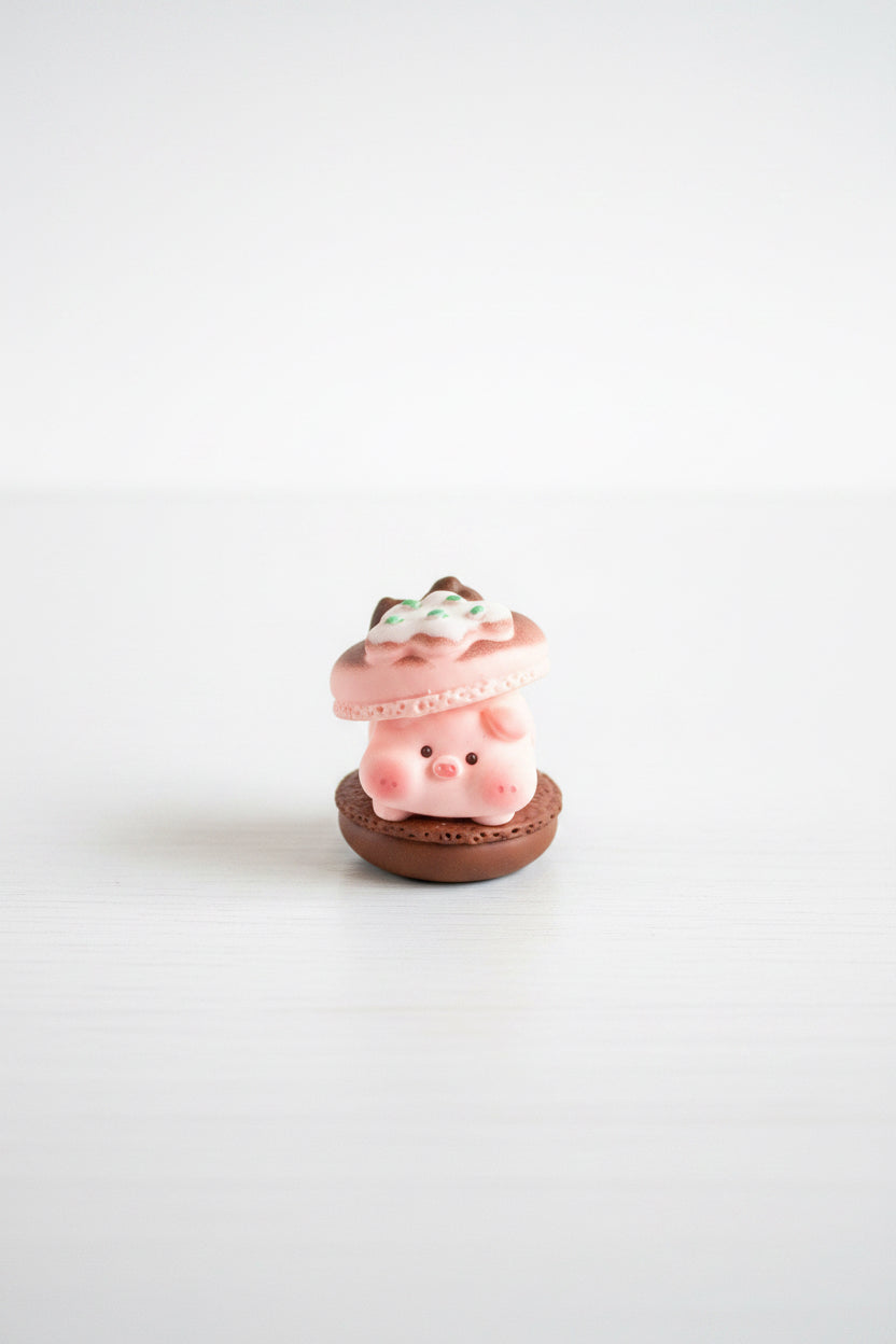 A small pink pig figurine standing on a brown base, topped with a pink macaron and green frosting, placed inside a pink tray.