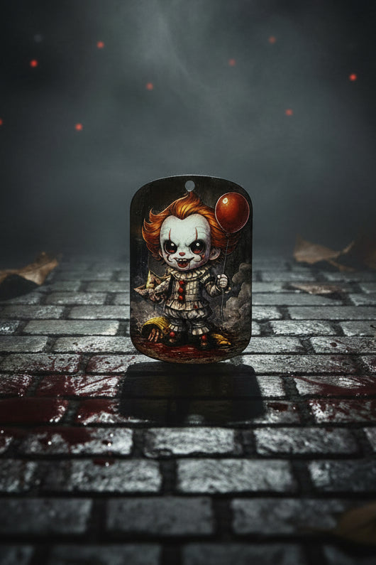 Horror craft tag featuring Pennywise clown with red balloon Halloween design - Kingyscrafts