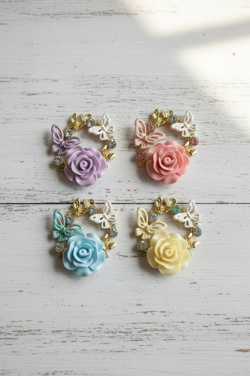 Beautiful Metal Pendanta with Rose and Butterflies- sold individually
