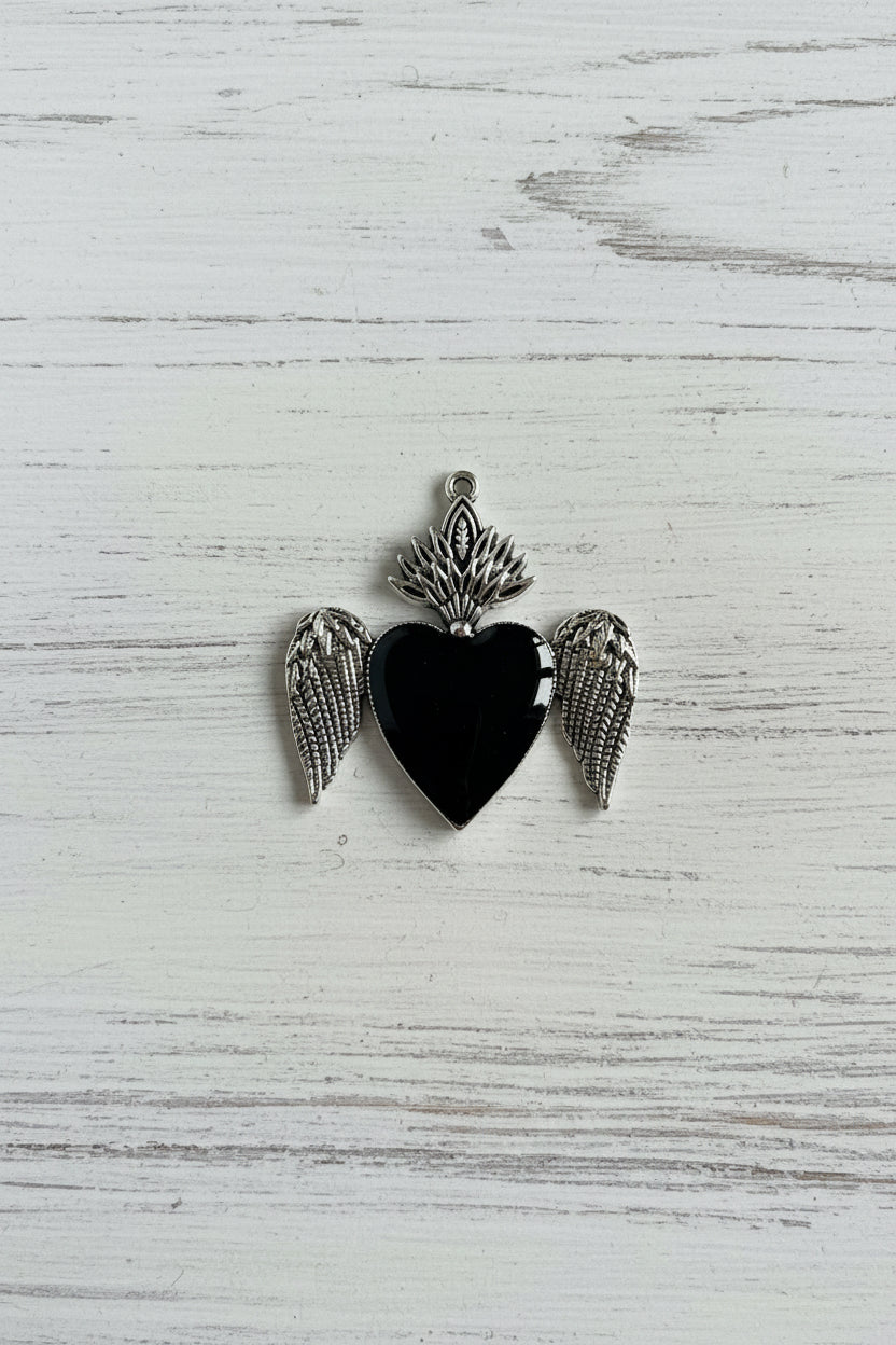 Black Gothic Heart and Angel Wings Metal Pendant- sold individually