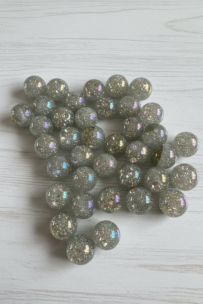 16mm resin glitter beads with rhinestones inside for jewellery making, pack of 5
