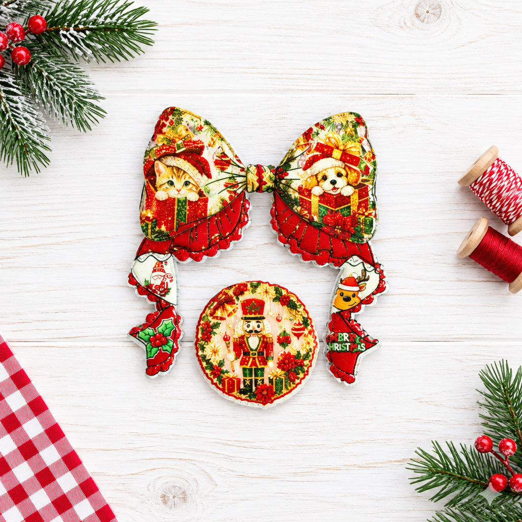 Traditional acrylic Christmas bow set with a festive design.