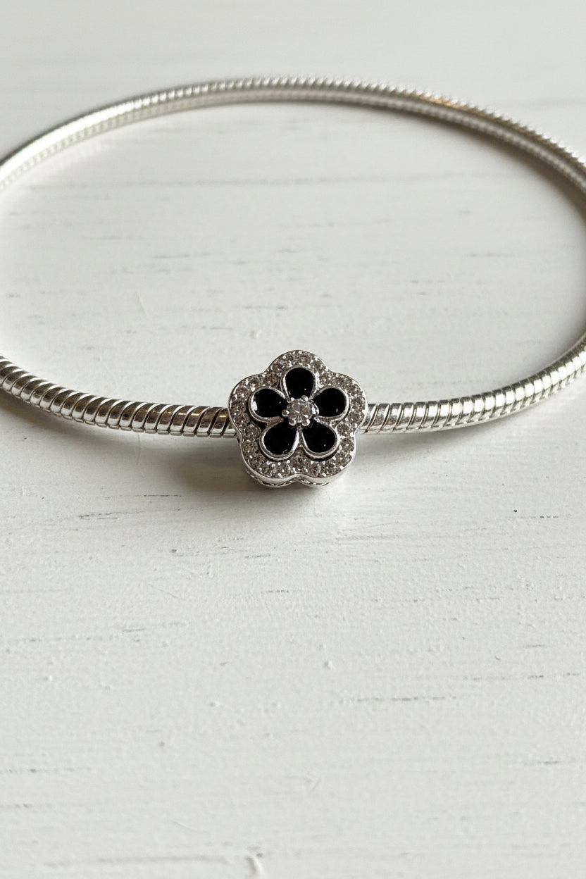 Black and silver flower charm for jewellery making, sold individually