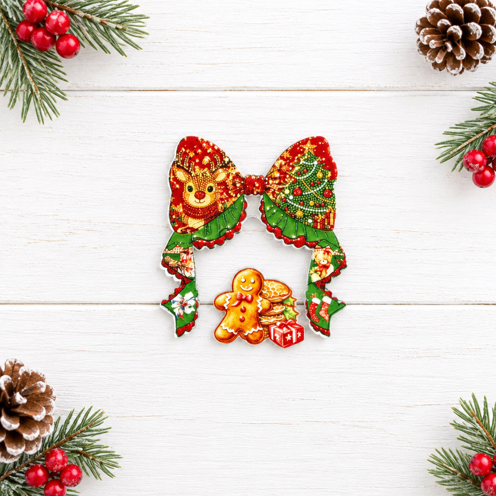 Traditional acrylic Christmas bow set with a festive design.