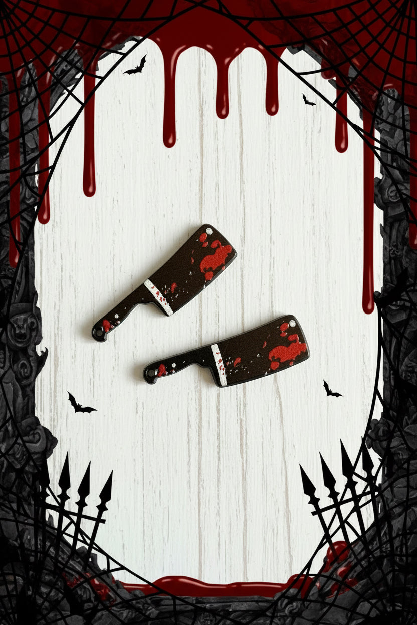 Pack of 2 acrylic horror cleaver pendants with blood splatter design, for Halloween jewellery making and spooky craft projects