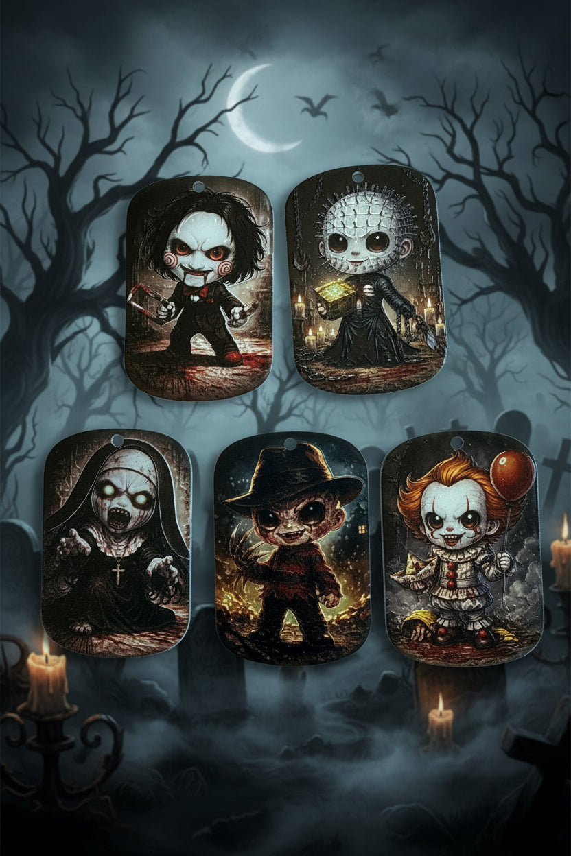Set of five horror character craft tags including Jigsaw Freddy Krueger The Nun Pennywise and Pinhead - Kingyscrafts