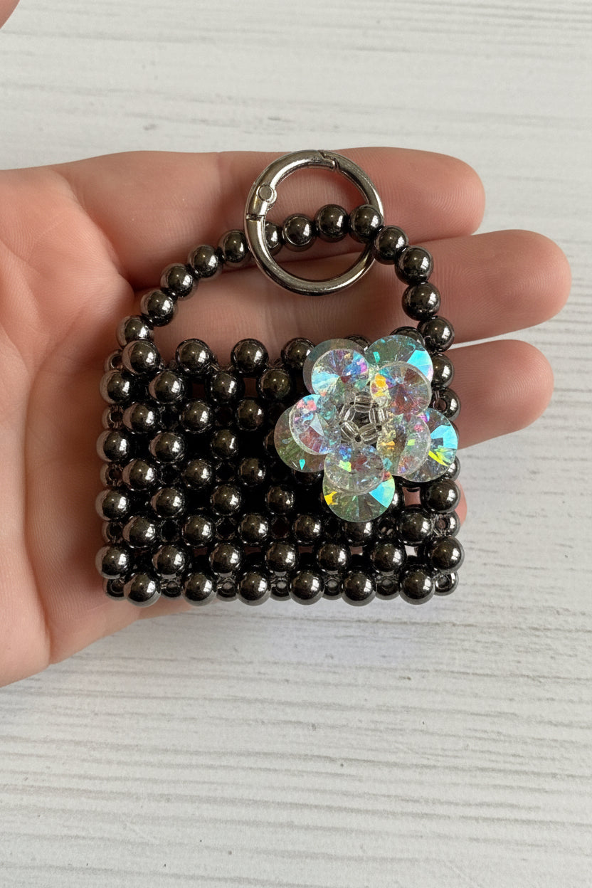Handmade beaded bag charm with glass flower and keychain clasp
