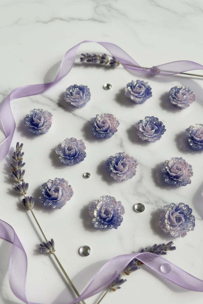 0mm soft purple glitter rose flower beads pack of 10 on marble with lavender sprigs for jewellery making - Kingyscraft