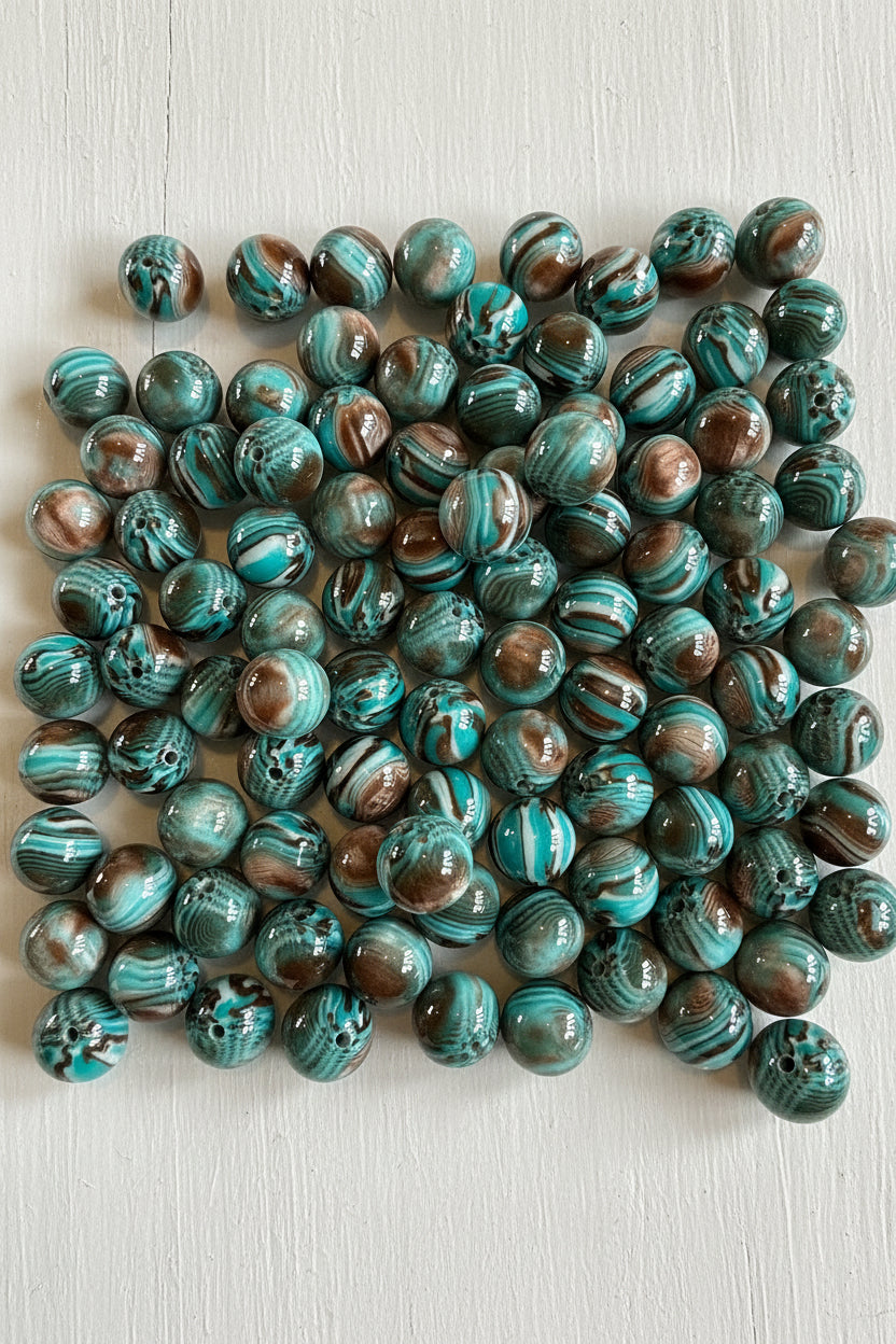 16mm teal and brown swirl resin beads – pack of 5, craft beads for pens and keychains | Kingyscrafts