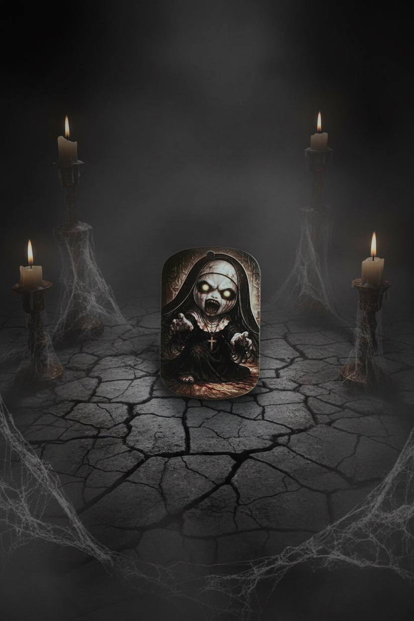 Horror craft tag featuring The Nun character surrounded by candles and cobwebs Halloween design - Kingyscrafts