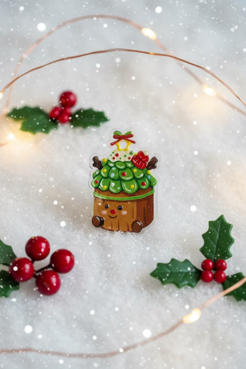 Cute Christmas tree log acrylic bead with holly decoration on snowy background - Kingyscrafts