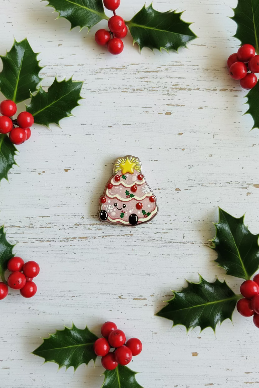 Cute pink Christmas tree acrylic bead with holly berry border for jewellery making - Kingyscrafts