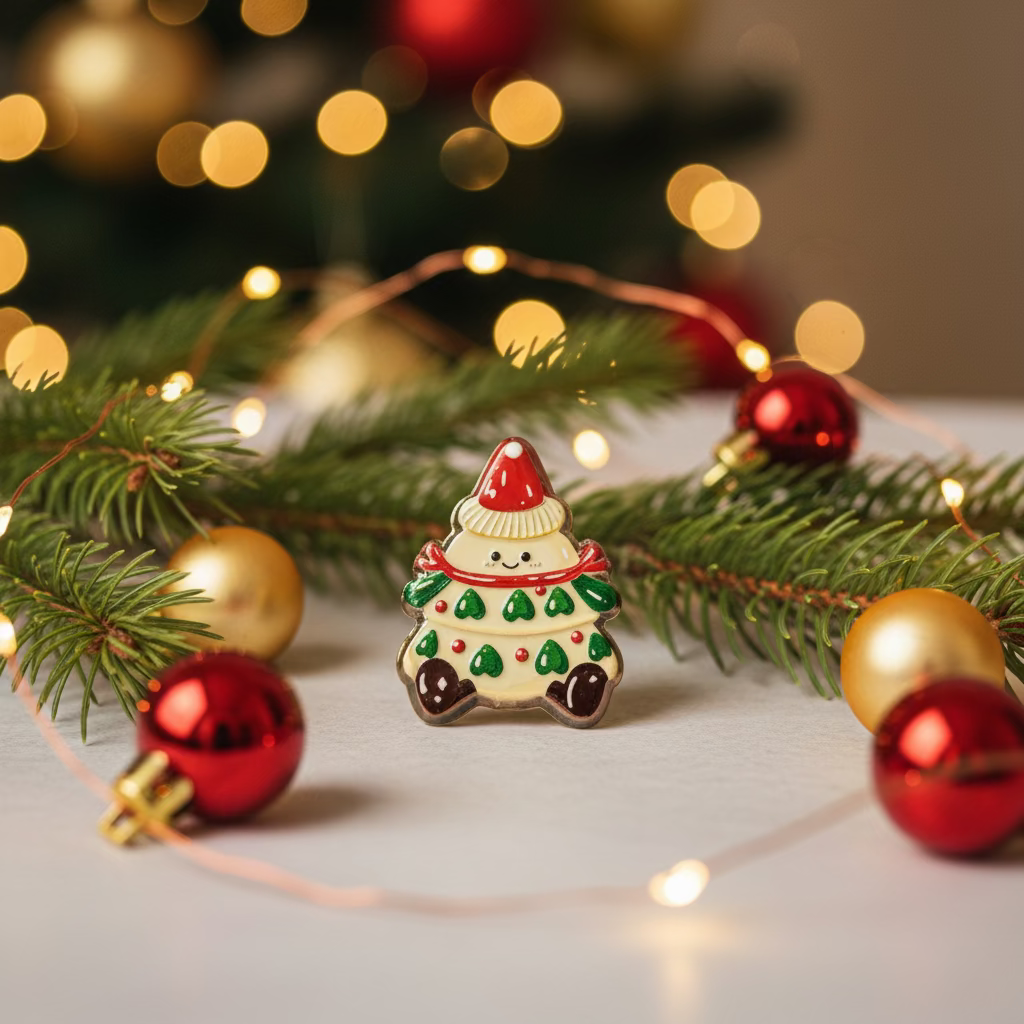 Cute cream Christmas tree character acrylic bead with red hat among Christmas baubles - Kingyscrafts