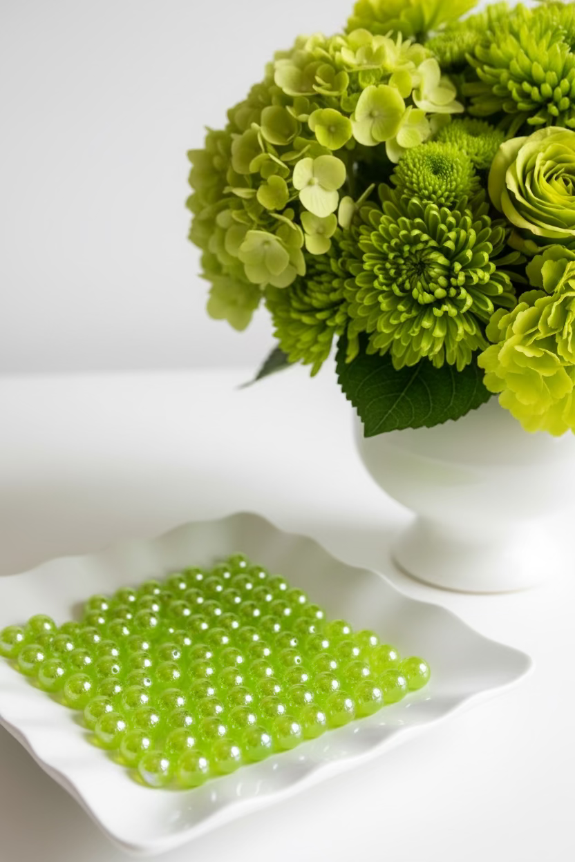 16mm green beads pack of 5 for jewellery making in white dish with green hydrangeas - Kingyscrafts