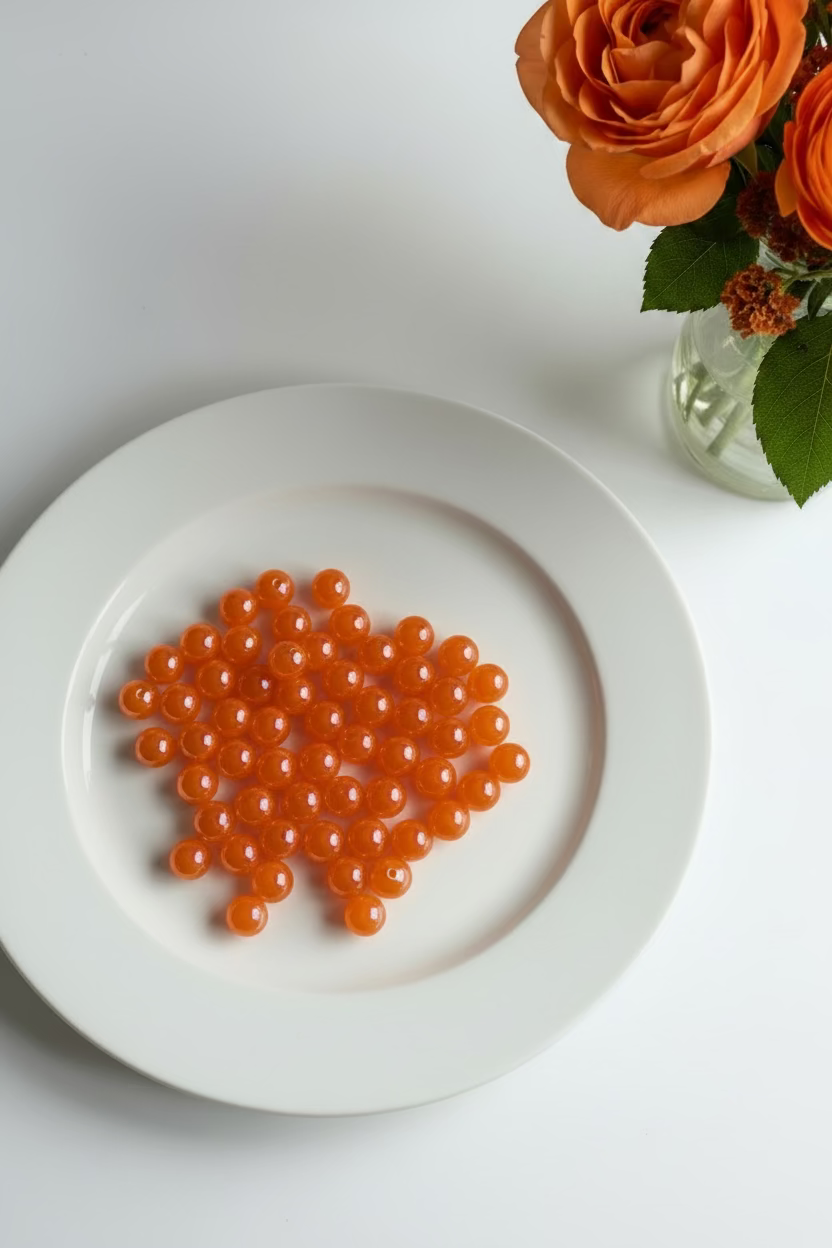 16mm orange beads pack of 5 for jewellery making on white plate with orange roses - Kingyscrafts