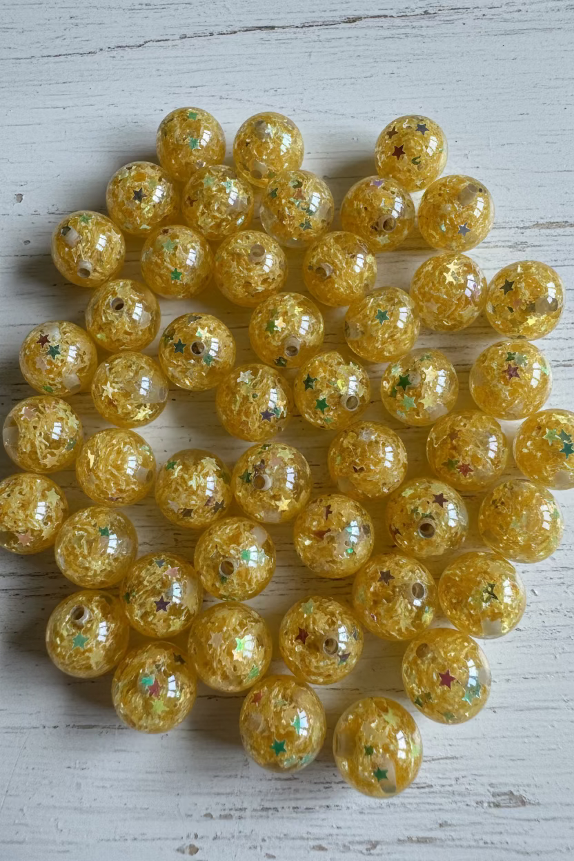 16mm light yellow beads with star sequins inside pack of 5 for bead pens and jewellery making - Kingyscrafts