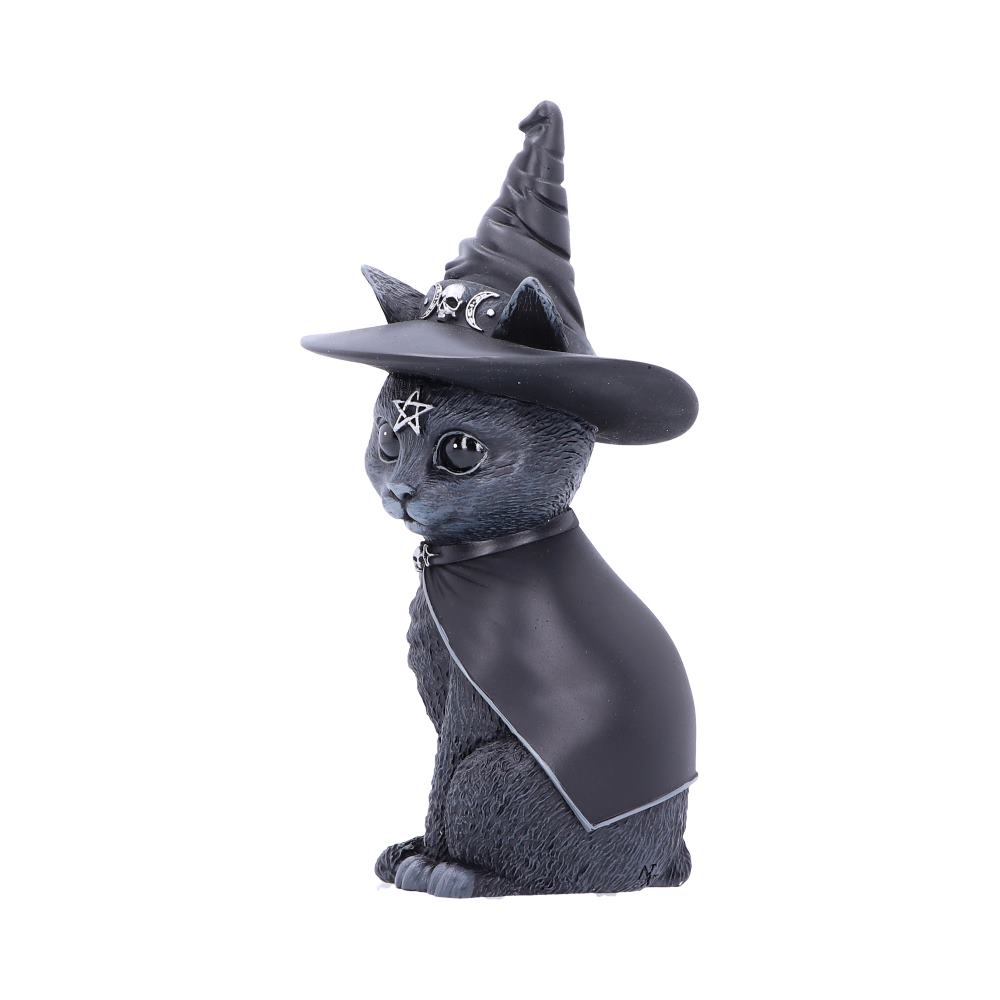 Purrah 13.5cm black cat figurine wearing a witch’s hat and cape with silver skull, crescent moon and pentagram details