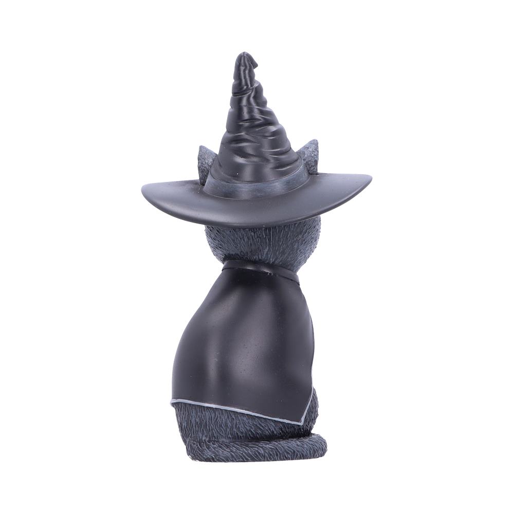 Purrah 13.5cm black cat figurine wearing a witch’s hat and cape with silver skull, crescent moon and pentagram details