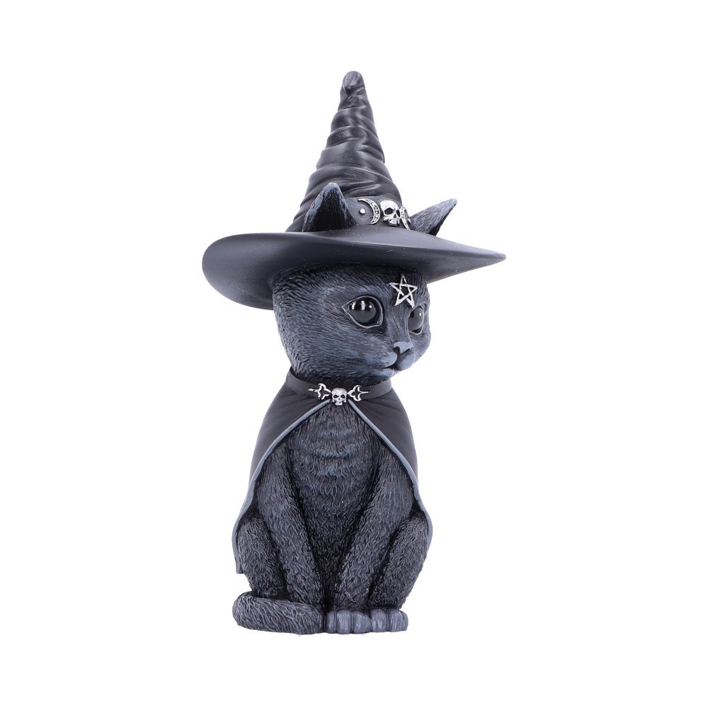 Purrah 13.5cm black cat figurine wearing a witch’s hat and cape with silver skull, crescent moon and pentagram details
