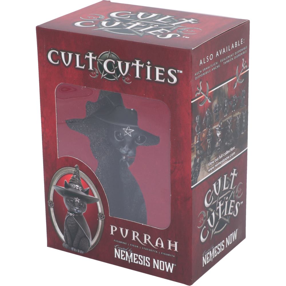 Purrah 13.5cm black cat figurine wearing a witch’s hat and cape with silver skull, crescent moon and pentagram details
