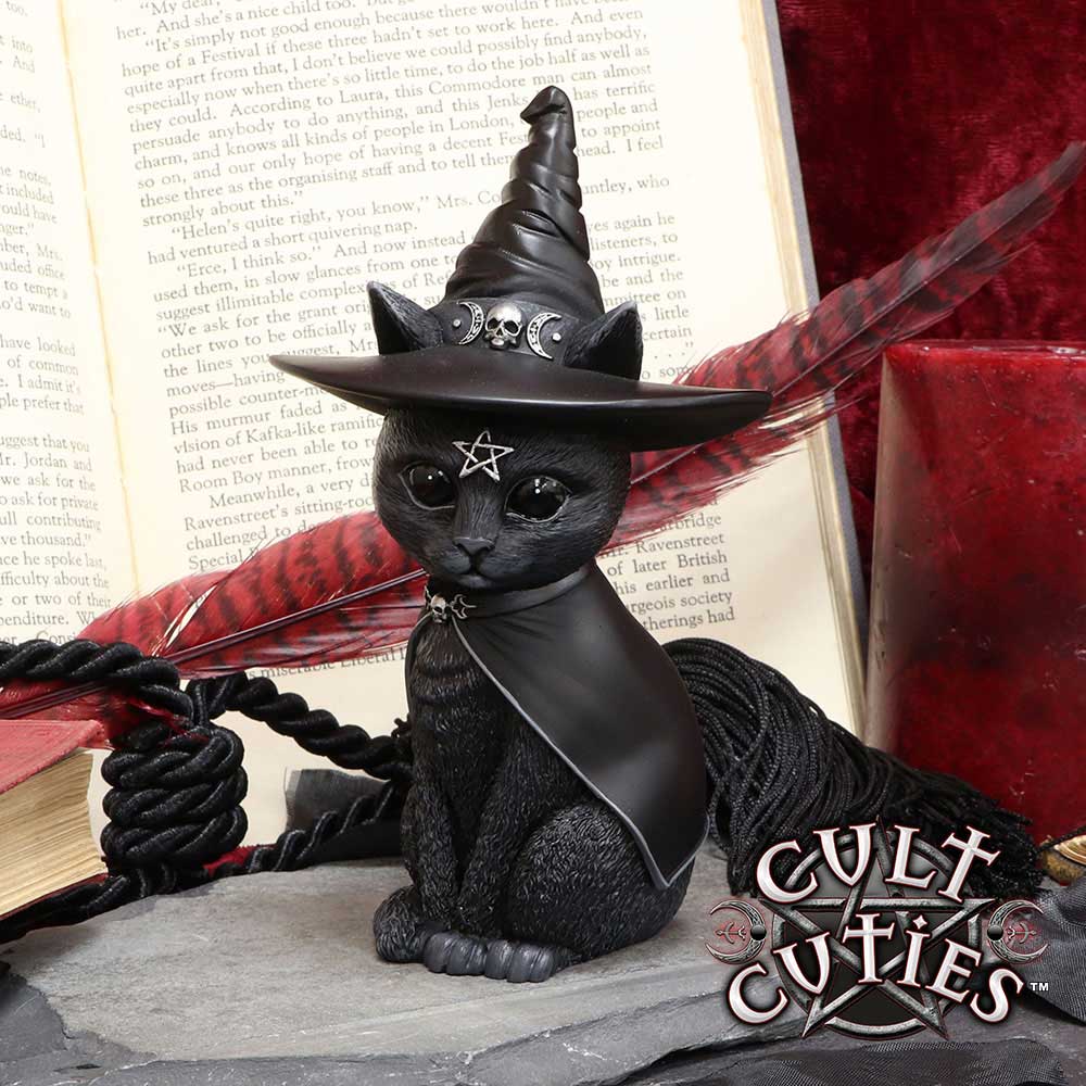 Purrah 13.5cm black cat figurine wearing a witch’s hat and cape with silver skull, crescent moon and pentagram details