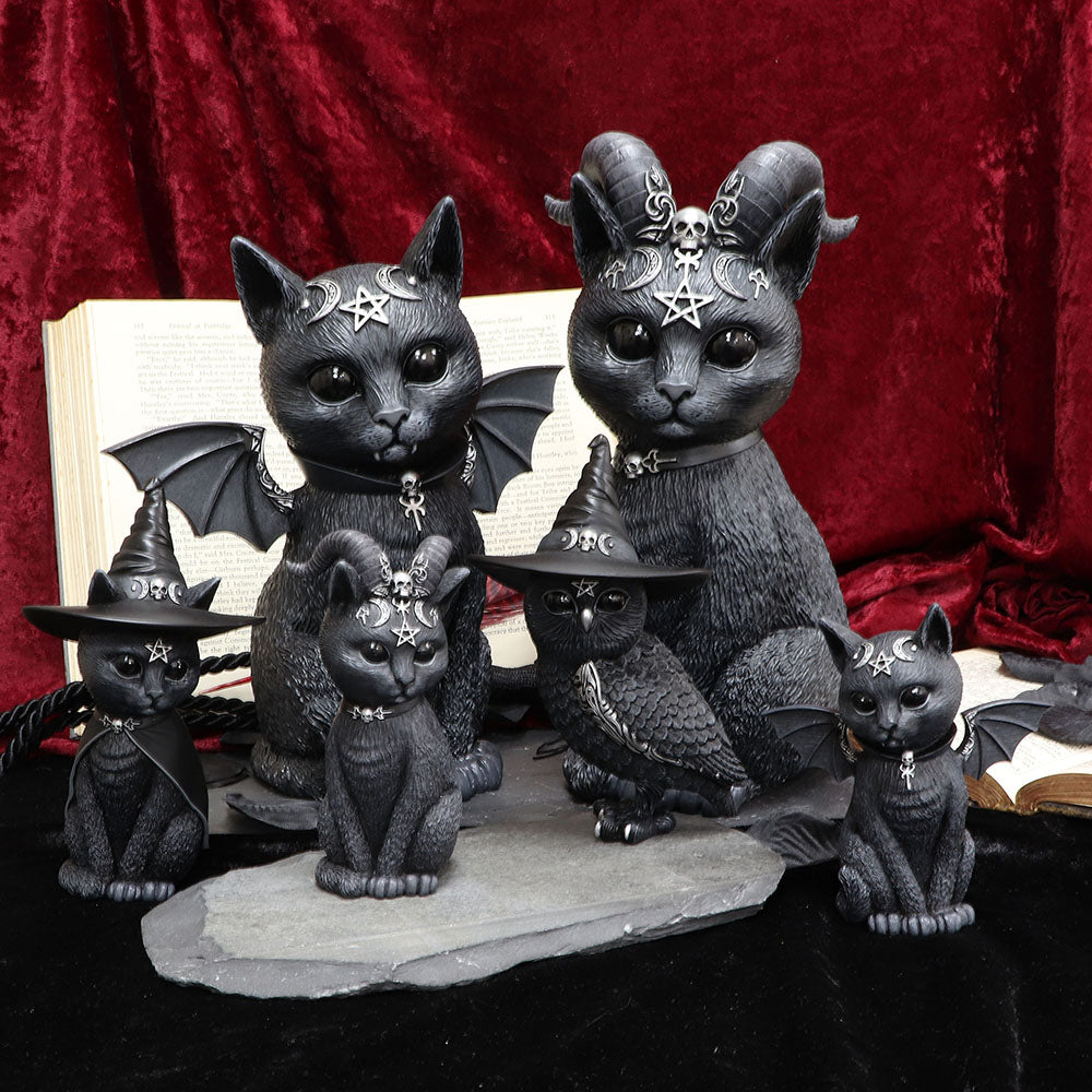 Purrah 13.5cm black cat figurine wearing a witch’s hat and cape with silver skull, crescent moon and pentagram details