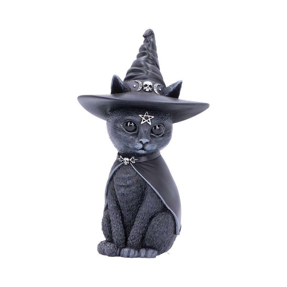 Purrah 13.5cm black cat figurine wearing a witch’s hat and cape with silver skull, crescent moon and pentagram details