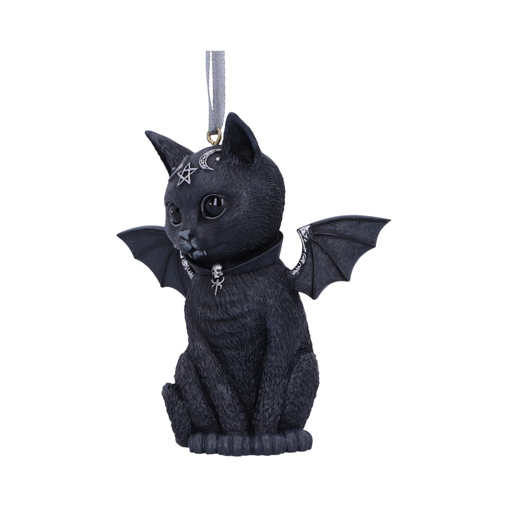 Malpuss black cat hanging ornament with bat wings, small fangs, silver crescent moons and a pentagram on its forehead, wearing a skull collar.