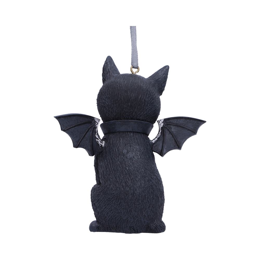 Malpuss black cat hanging ornament with bat wings, small fangs, silver crescent moons and a pentagram on its forehead, wearing a skull collar.