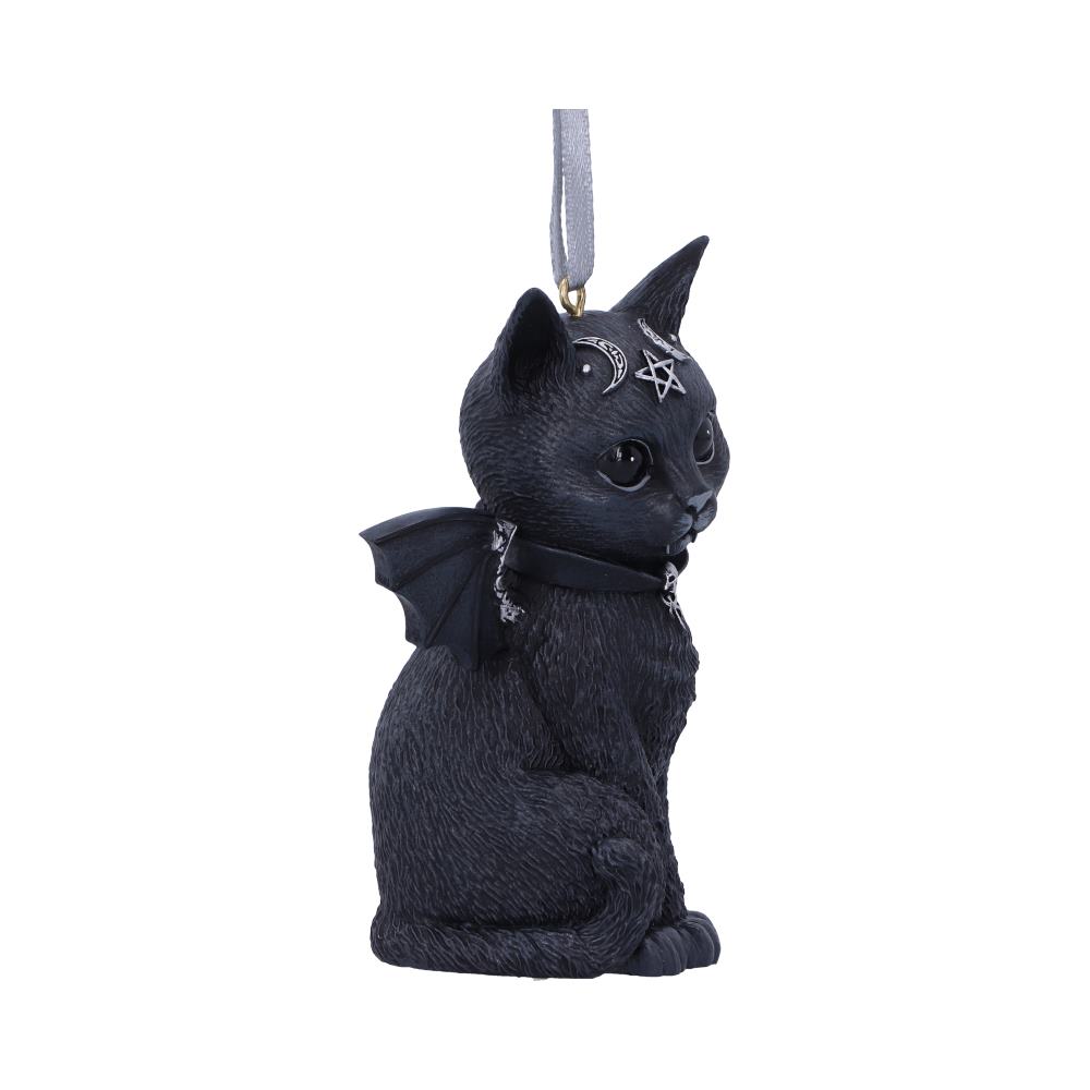 Malpuss black cat hanging ornament with bat wings, small fangs, silver crescent moons and a pentagram on its forehead, wearing a skull collar.