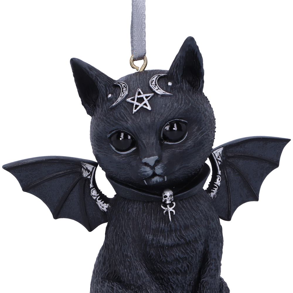 Malpuss black cat hanging ornament with bat wings, small fangs, silver crescent moons and a pentagram on its forehead, wearing a skull collar.