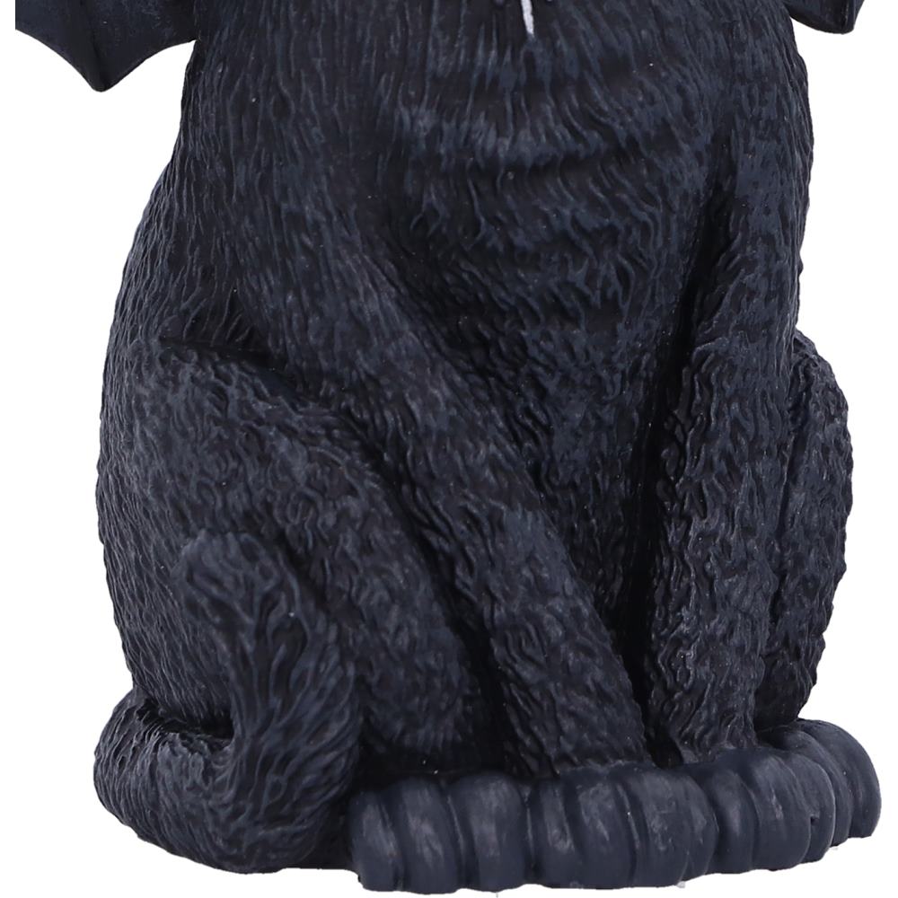 Malpuss black cat hanging ornament with bat wings, small fangs, silver crescent moons and a pentagram on its forehead, wearing a skull collar.