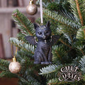 Malpuss black cat hanging ornament with bat wings, small fangs, silver crescent moons and a pentagram on its forehead, wearing a skull collar.