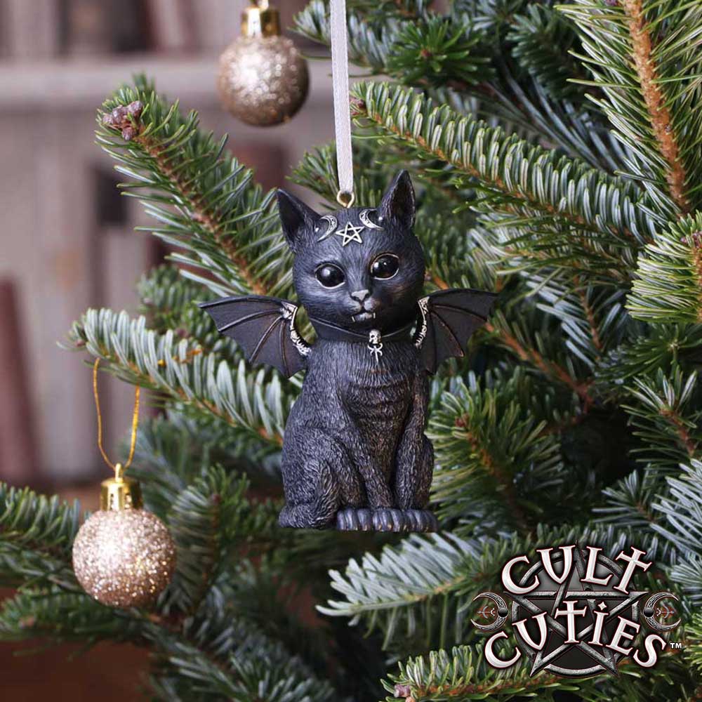 Malpuss black cat hanging ornament with bat wings, small fangs, silver crescent moons and a pentagram on its forehead, wearing a skull collar.