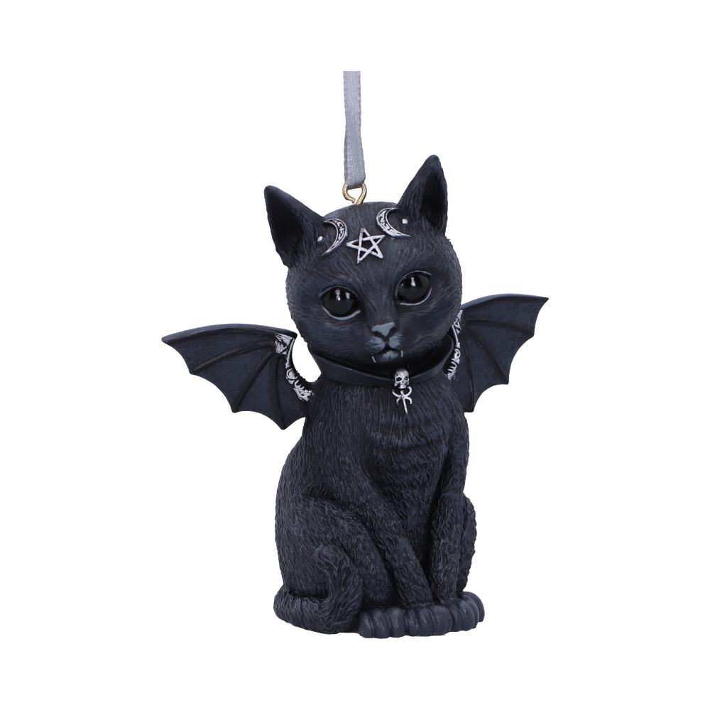 Malpuss black cat hanging ornament with bat wings, small fangs, silver crescent moons and a pentagram on its forehead, wearing a skull collar.